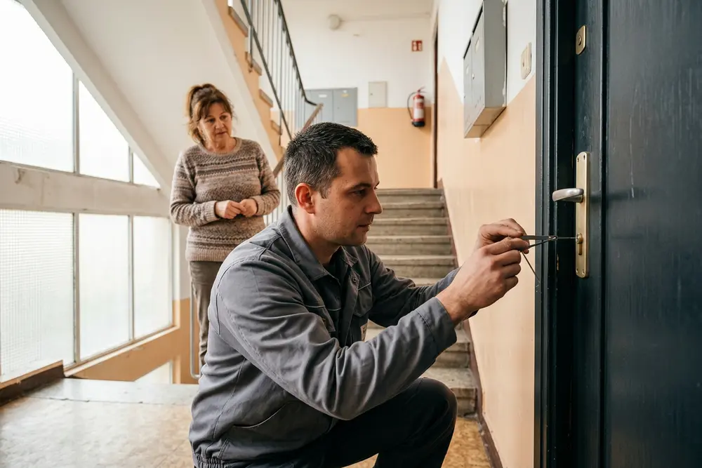 Lakatos térdelve nyitja egy lépcsőházi faajtó zárbetétjét vékony szerszámmal, a háttérben a lakó vár
