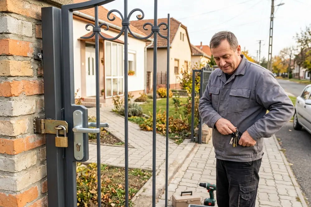 Fém kerti kapu frissen beszerelt kapuzárral és lakatfüllel családi háznál