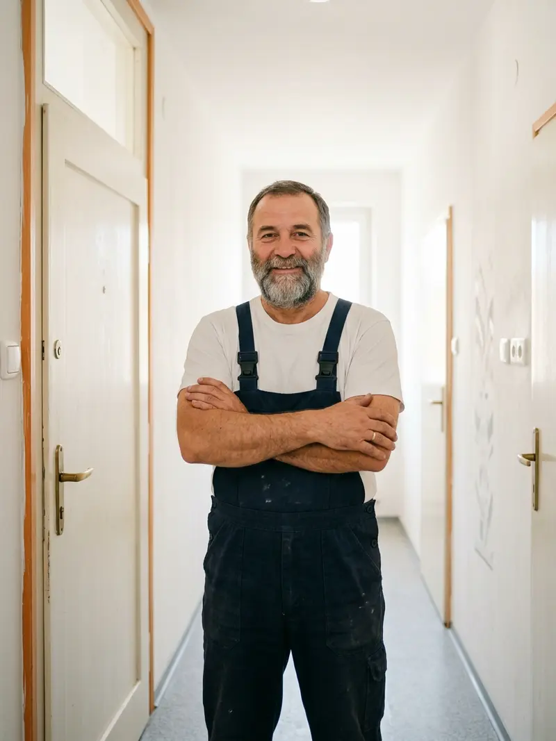 Szakállas lakatos sötét munkaruhában, karba tett kézzel áll egy világos folyosón egy ajtó mellett